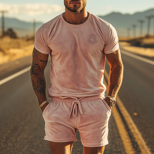 Men's Spring Fashion Casual Slim Embroidered Suede Short Sleeve T-shirt Shorts Set MTA3131C3K