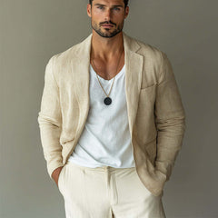 Men's Casual Apricot Cotton And Linen Notched Lapel Blazer 27064453U