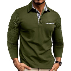 Men's Stylish Long Sleeve Polo Shirt with Plaid Collar Detail