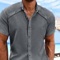 Men's Cotton And Linen Solid Color Lapel Short-Sleeved Shirt MTA0127D8X