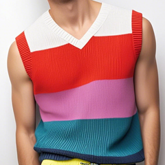 Men's Casual V Neck Contrast Color Striped Soft Knitted Tank Top MTA0739D7M