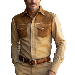 Men's Vintage Cotton And Linen Suede Long Sleeve Shirt 57643277U