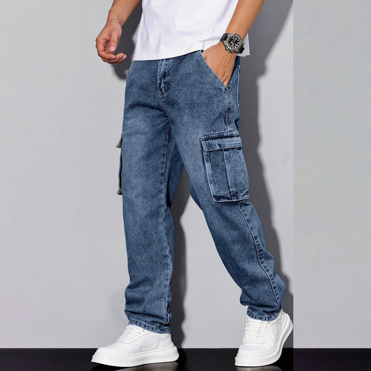 Men's Fashionable Cargo Denim Pants with Multi-Pockets and Casual Style