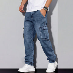 Men's Fashionable Cargo Denim Pants with Multi-Pockets and Casual Style