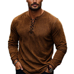 Men's Vintage Brown Suede Lace-Up Long Sleeve T-Shirt MTA1786C1U