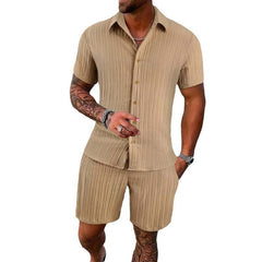 Men's Solid Color Striped Lapel Short Sleeve Shorts Casual Set 63428764X