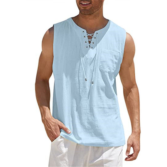 Men's Casual Lace-Up Neck Chest Pocket Sleeveless Vest Tank Top