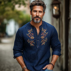 Men's Navy Blue Cotton And Linen Vintage Embroidered Long Sleeve T-Shirt 43526691U