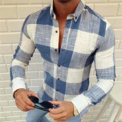 Men's Casual Cotton Plaid Lapel Slim Fit Long Sleeve Shirt 90486726M