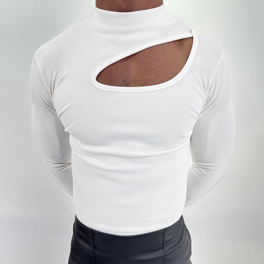High-Neck Cut-Out Ribbed T-shirt for Modern Fashionistas