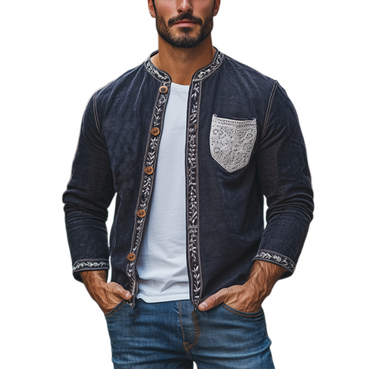 Men's Spring Fashion Retro Lace Splicing Cotton And Linen Long Sleeve Shirt MTA2708C6K