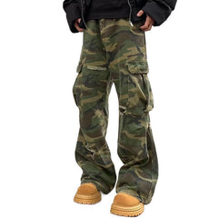Camouflage Cargo Pants with Distressed Details for Men