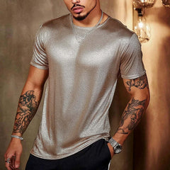 Men's Solid Color Glitter Round Neck Short Sleeve T-Shirt MTA3143C1X