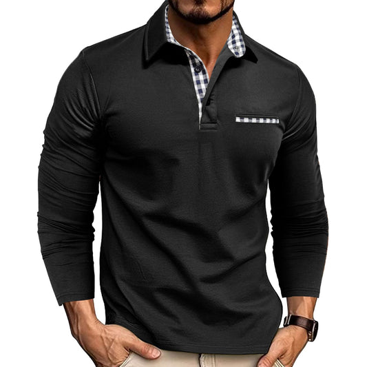 Men's Stylish Long Sleeve Polo Shirt with Plaid Collar and Pocket Detail