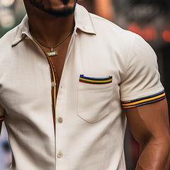 Men's Fashion Casual Slim Fit Colorful Ribbon Stitching Cotton And Linen Short Sleeve Shirt MTA0970D5K