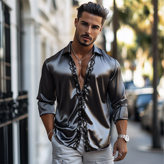 Men's Fashion Casual Lace And Satin Stitching Long Sleeve Shirt MTA1747C6K