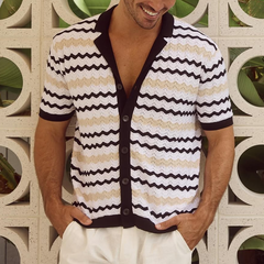 Men's Knit Wavy Pattern Notch Lapel Single Breasted Short Sleeve Polo Shirt MTA0812D6Z