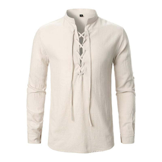 Men's Cotton And Linen Lace-up Casual Long-sleeved Shirt 63529919U