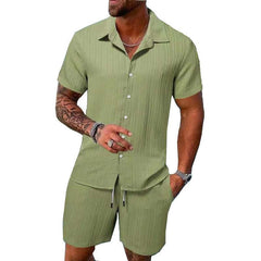 Men's Solid Color Striped Lapel Short Sleeve Shorts Casual Set 63428764X