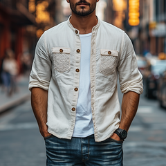 Men's Spring Fashion Personalized Lace Pocket Stitching Cotton And Linen Long Sleeve Shirt MTA2673C5K