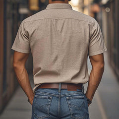 Men's Casual Linen Embroidered Lapel Single Breasted Short Sleeve Shirt MTA2771C3M