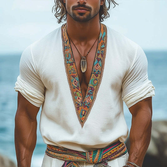 Men's Summer V-neck Retro Embroidery Casual Long Sleeve T-shirt MTA0958D6U