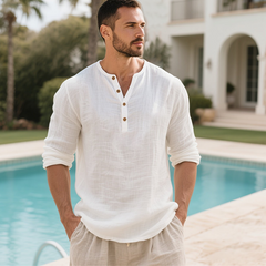 Men's Holiday-Ready Henley Shirt - White, Long-Sleeve, Casual Linen Fabric