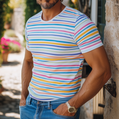 Men's Casual Round Neck Contrast Striped Slim Fit Cotton Short Sleeve T-shirt 46015919K