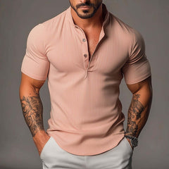 Men's Retro Casual Stand Collar Elastic Short Sleeve Shirt MTA0269D1TO