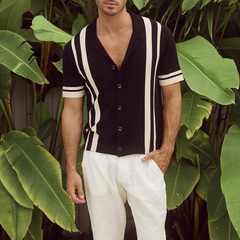 Men's Knit Striped Notch Lapel Single Breasted Short Sleeve Polo Shirt MTA0815D6Z