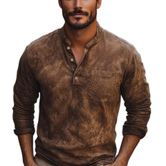 Men's Brown Tie-Dye Button-Down Cotton Long Sleeve T-Shirt MTA2683C1U