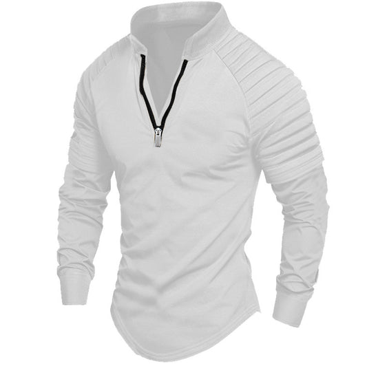 Stylish Men's Black Half-Zip Pullover With Pleated Shoulder Design