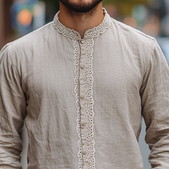 Men's Spring New Retro Ethnic Lace Stitching Stand Collar Long Sleeve Shirt MTA2115C8K