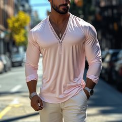 Men's Fashion Casual Sexy Lace And Satin Splicing Deep V Neck Long Sleeve T-Shirt MTA1765C8K