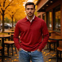 Stylish Red Long-Sleeve Polo Shirt For Men
