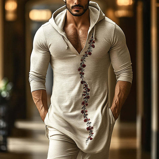 Men's Retro Casual Embroidered Hooded Long Sleeve T-Shirt MTA2796C0TO