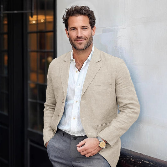 Men's Casual Cotton Linen Notch Lapel Single-breasted Slim-fit Blazer 34577242M