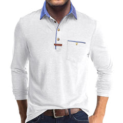Men's Stylish Long Sleeve Polo Shirt with Contrast Collar and Chest Pocket