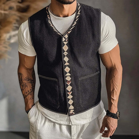 Men's V Neck Embroidered Denim Vest MTA2763C8X