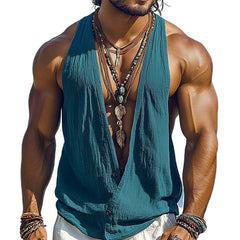 Men's Summer Basic Deep V-Neck Cotton And Linen Tank Top MTA0906D5U