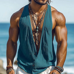 Men's Summer Basic Deep V-Neck Cotton And Linen Tank Top MTA0906D5U