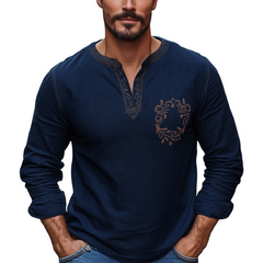 Men's Navy Blue Cotton And Linen Vintage Embroidery V-Neck Long Sleeve T-Shirt 48150060U
