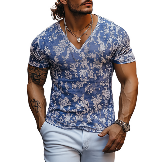 Men's Fashion Casual V-neck Slim Fit Cotton Burnout Fabric Short Sleeve T-shirt MTA2593C9K