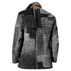Patchwork Design Boro Print Men Vintage Fleece Blazer Double Layer Lapel Fur Leather Collar Medium Length Coats