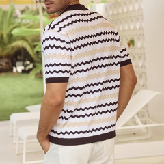 Men's Knit Wavy Pattern Notch Lapel Single Breasted Short Sleeve Polo Shirt MTA0812D6Z