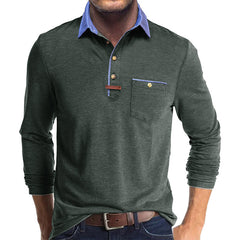 Men's Stylish Long Sleeve Polo Shirt with Contrast Collar and Chest Pocket