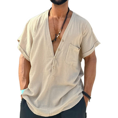 Men's Spring Fashion Casual Loose Deep V Neck Linen Short Sleeve Shirt MTA0177D6K