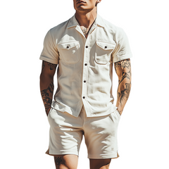 Men's Spring Fashion Casual Suede Short Sleeve Shirt Length To Knee Shorts Set MTA0322D2K