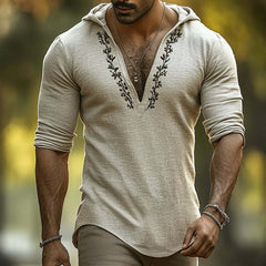 Men's Retro Casual Linen Embroidered Hooded Long Sleeve Shirt MTA2791C9TO