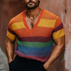 Men's Rainbow Knit V-Neck Short Sleeve Sweater T-Shirt MTA1773C8X